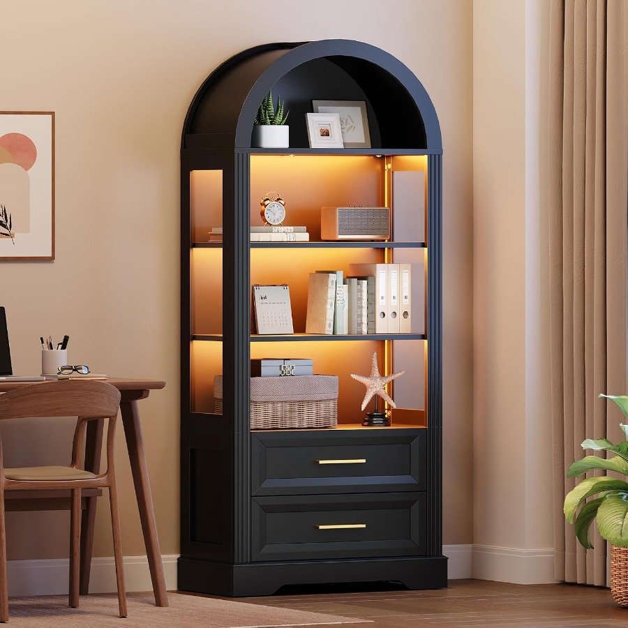 Storage & Organization - ตู้โชว์, ตู้หนังสือทรงสูงโค้งพร้อมลิ้นชักเก็บของ 2 ช่อง, ตู้โชว์ไม้สไตล์ฟาร์มเฮาส์พร้อมไฟ, ตู้หนังสือแบบเปิดโล่ง